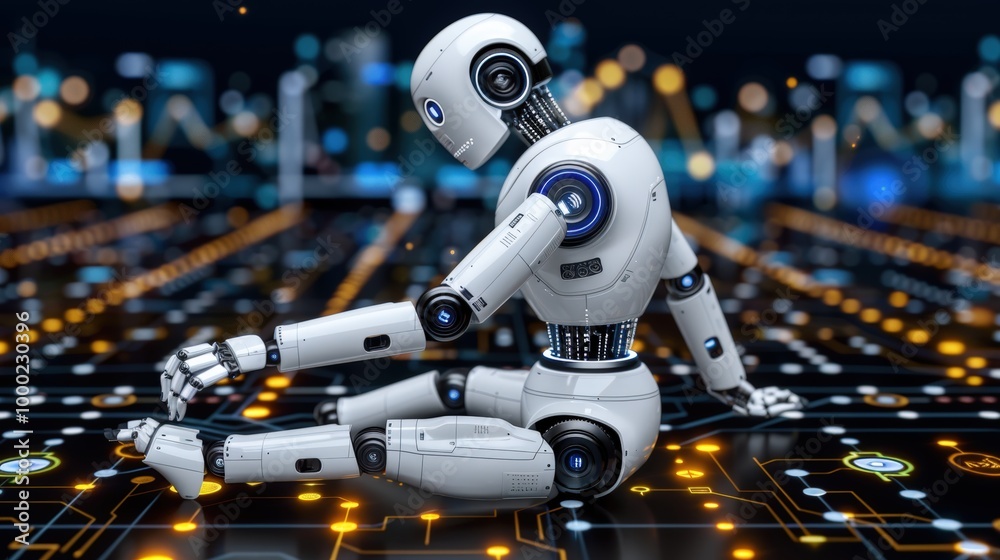 Fototapeta premium Futuristic Robot Sitting on Digital Circuitry Background