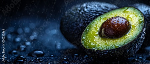  A bitesized piece removed from an avocado, resting on a dark backdrop with water droplets nearby photo