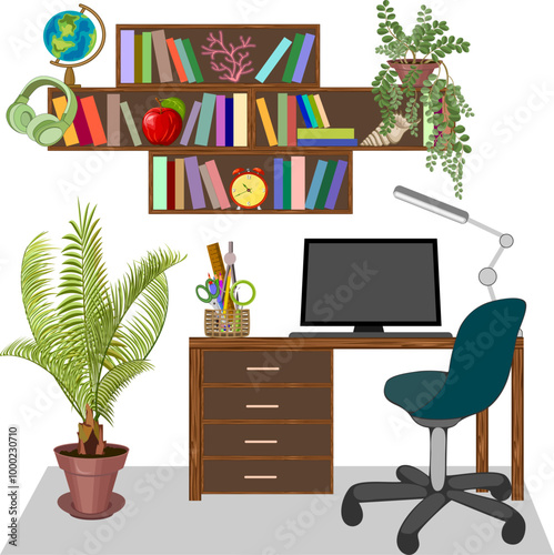 Illustration of a student's room interior.Colored vector illustration of a room interior for a schoolboy on a transparent background.