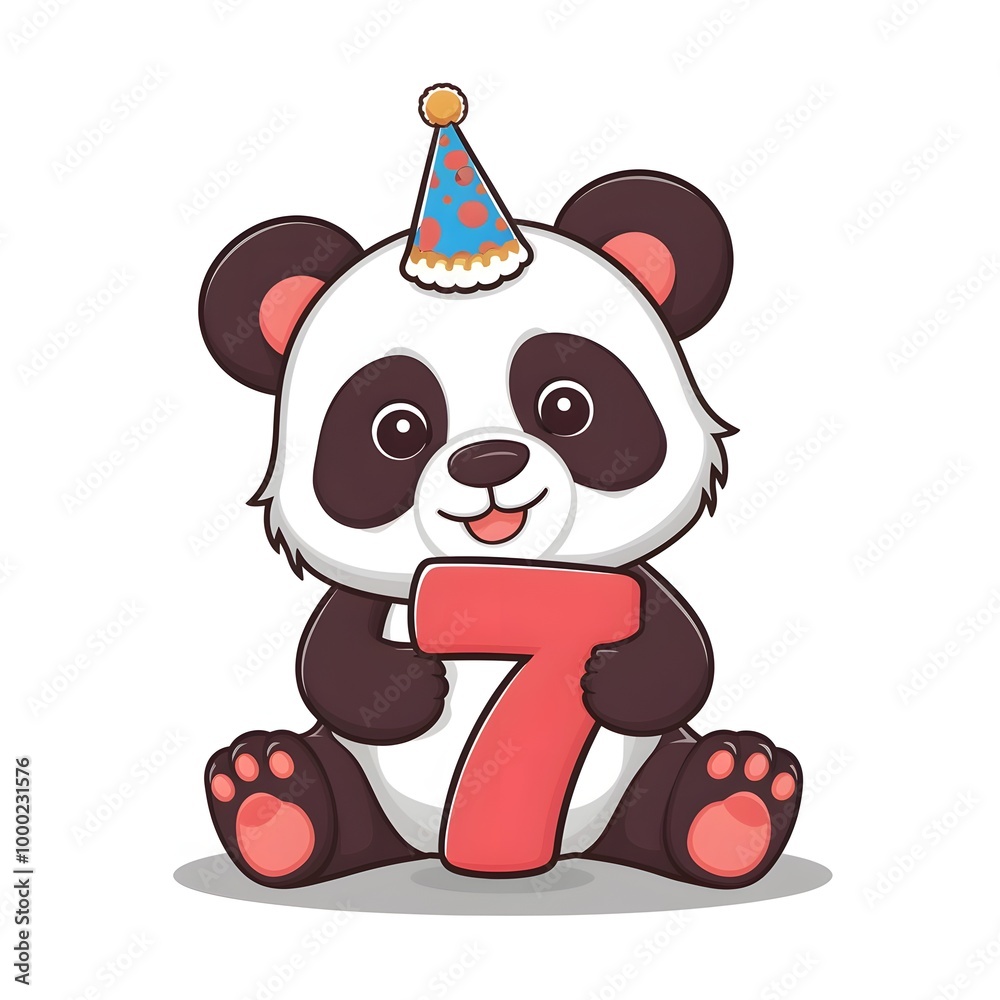 Naklejka premium cute panda is sitting with a birthday cap on his head and is holding a big 7