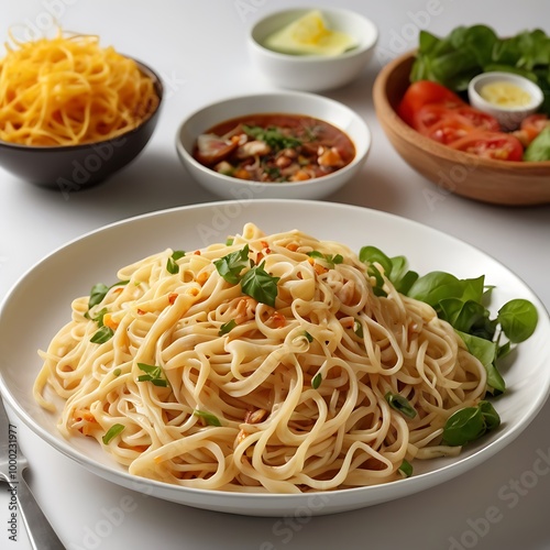 Delicious fresh fried Noodles with beef and vegetables assortment Served, Noodles with chicken and vegetables on a white background