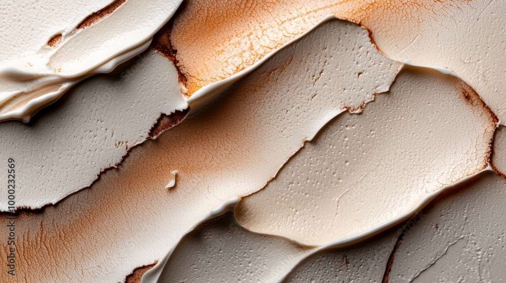 A tight shot of a white-brown wall with peeling brown and white paint edges A tight shot of a white-brown wall with peeling brown and white paint edges