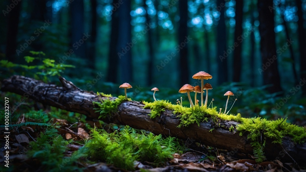 Obraz premium Bright forest tiny mushrooms in night time and seasonal nature background with bokeh and short depth of field. wildlife nature mushrooms and green fresh leaves