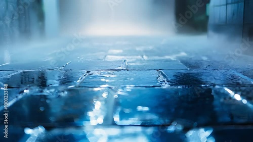 Misty Wet Cobblestone Street with Atmospheric Lighting

 photo