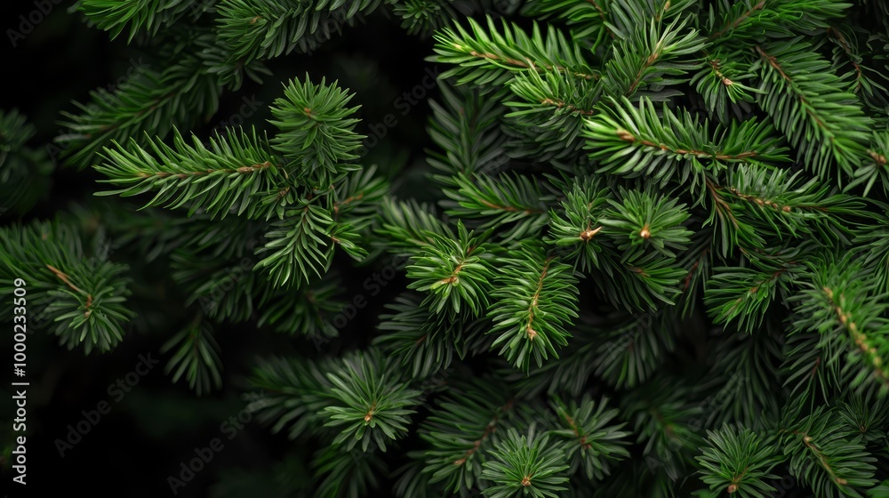 A pine tree with densely packed green needles against a black backdrop A pine tree with densely packed green needles against a black backdrop