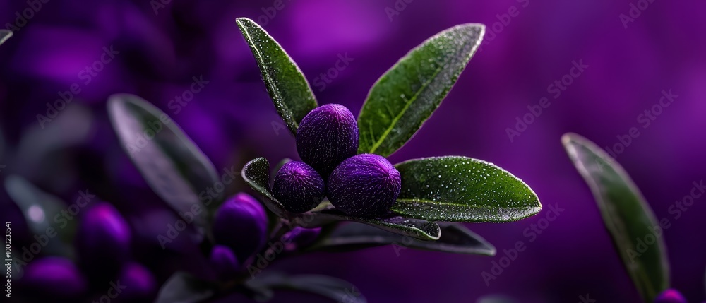 leaves dotted with water droplets against a deep purple backdrop leaves dotted with water droplets against a deep purple backdrop