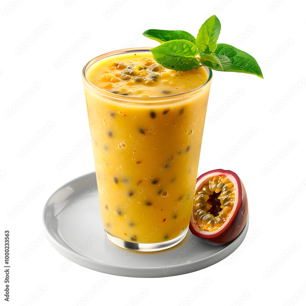 Colorful glass of passion fruit juice topped with mint leaves, served with a passion fruit cut in half on a clean white plate Colorful glass of passion fruit juice topped with mint leaves, served with a passion fruit cut in half on a clean white plate