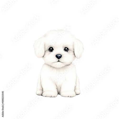 Cute white puppy, fluffy fur, sitting pose, isolated on transparent background.