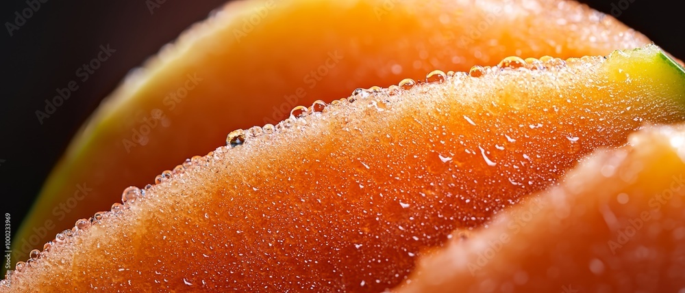 A tight shot of a grapefruit with dewdrops at its peak and base A tight shot of a grapefruit with dewdrops at its peak and base