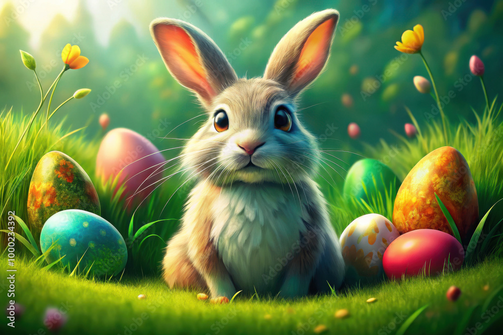 Fototapeta premium A charming bunny explores a colorful Easter egg garden in a serene woodland during the vibrant springtime. Generative AI