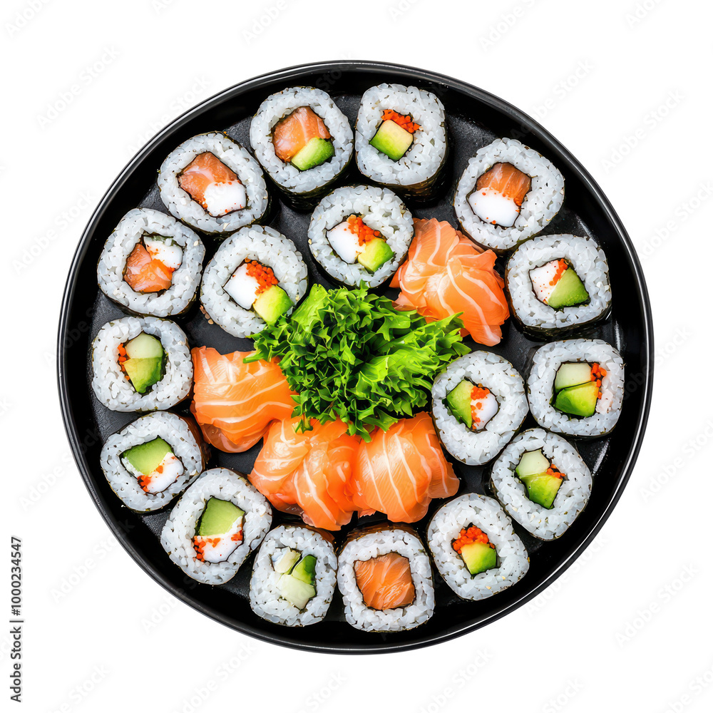 Delicious sushi platter featuring a variety of sushi rolls, garnished with fresh ingredients on a black plate isolated on transparent background. Delicious sushi platter featuring a variety of sushi rolls, garnished with fresh ingredients on a black plate isolated on transparent background.