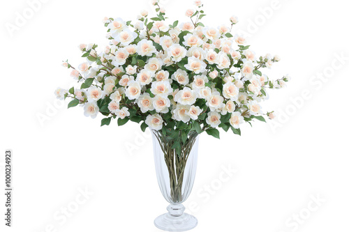 Elegant vase of white flowers, beautifully arranged, with fresh green leaves, isolated on transparent background.