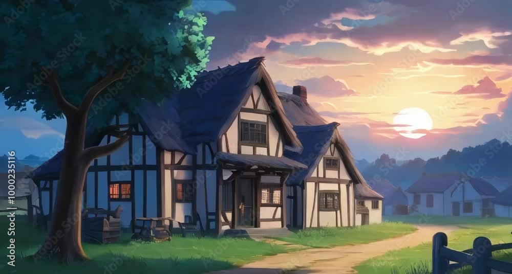 in the style, depicting a house in the village with a tree beside it, cool and mystical color temperature, sunset sky, no human characters, peaceful and emotional atmosphere in the style, depicting a house in the village with a tree beside it, cool and mystical color temperature, sunset sky, no human characters, peaceful and emotional atmosphere