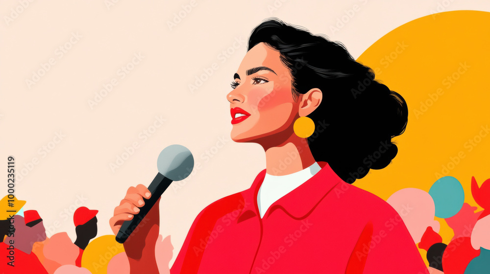 confident leader giving speech at rally, inspiring crowd with her powerful presence and eloquence. Her vibrant red outfit and bold accessories enhance energetic atmosphere confident leader giving speech at rally, inspiring crowd with her powerful presence and eloquence. Her vibrant red outfit and bold accessories enhance energetic atmosphere