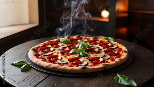 A plate of hot pizza on a black wooden table with smoke