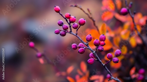  A tight shot of blooms on a branch, featuring orange and red foliage in the distance Background subtly out of focus