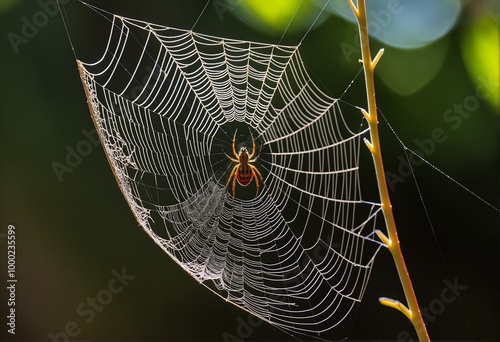 golden garden orb weaver spider web with dew drops
