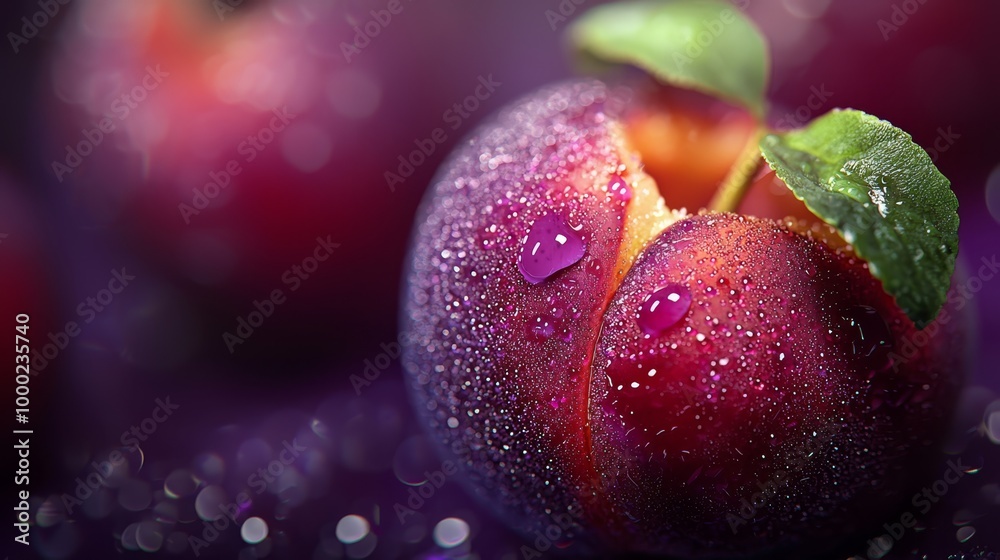 A red apple with a green leaf at its tip and water droplets on its surface A red apple with a green leaf at its tip and water droplets on its surface