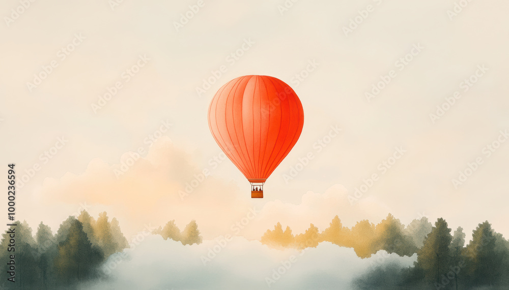 vibrant hot air balloon ascends gracefully above clouds, surrounded by serene landscape of trees. scene evokes sense of adventure and tranquility vibrant hot air balloon ascends gracefully above clouds, surrounded by serene landscape of trees. scene evokes sense of adventure and tranquility