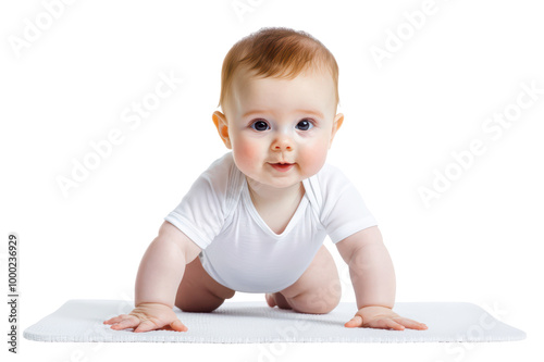 Happy baby crawling on a white surface, with a cheerful expression and bright, engaging eyes isolated on transparent background.