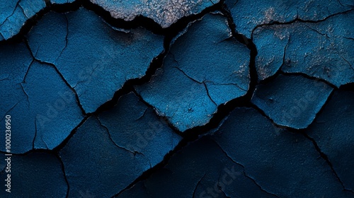  A tight shot of a fissured surface, sporting blue paint at its top and base photo