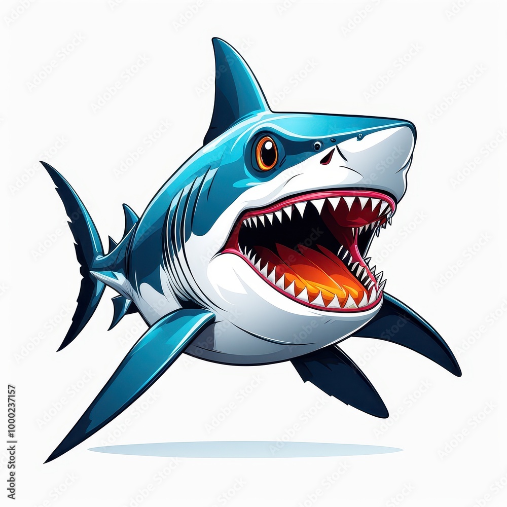 A cartoon-style shark with an open mouth, showcasing sharp teeth and a vibrant blue color. A cartoon-style shark with an open mouth, showcasing sharp teeth and a vibrant blue color.