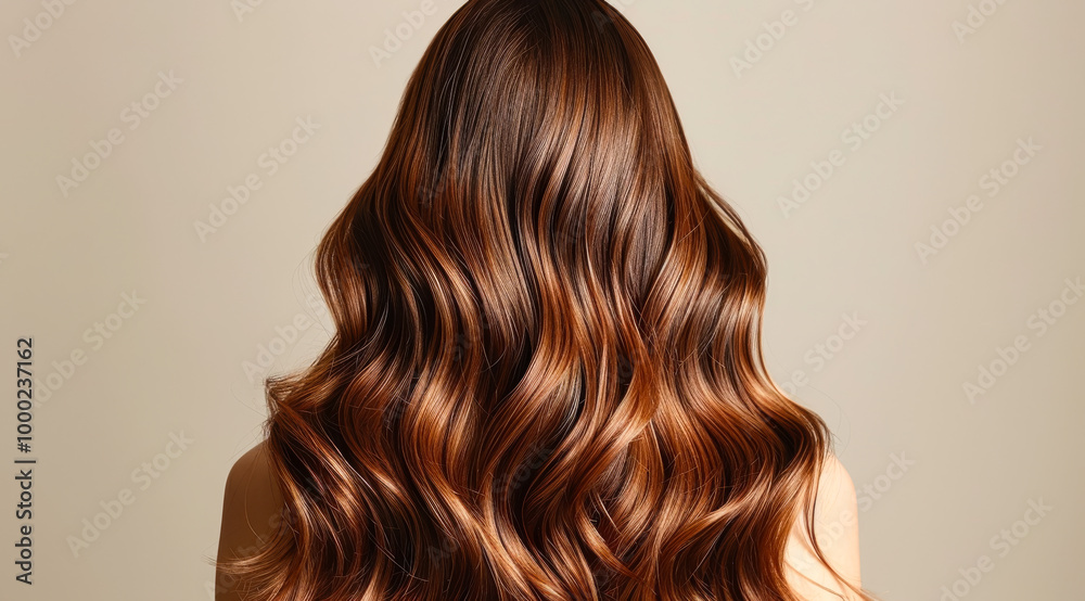 A woman with long brown hair is shown with a shiny, wavy texture. The hair is styled in a way that it is in motion, giving the impression of a lively and energetic mood A woman with long brown hair is shown with a shiny, wavy texture. The hair is styled in a way that it is in motion, giving the impression of a lively and energetic mood