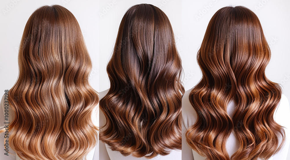 Fototapeta premium Three women with long brown hair are shown in a row. The hair is styled in different ways, with one woman having a wavy look, another having a straight look, and the third having a curly look