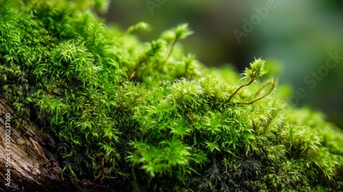  A tree trunk with green moss on its side, closely framed; background of trees blurred