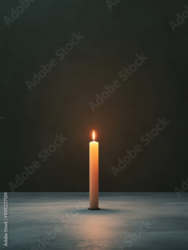 lone candle burning brightly in dark room creates serene and contemplative atmosphere, symbolizing hope and warmth amidst shadows