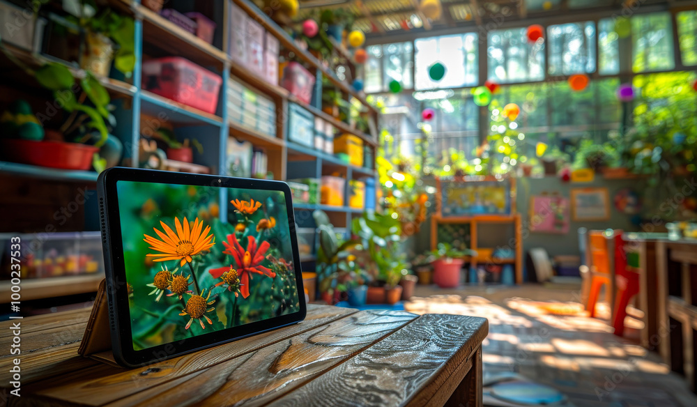 A tablet is on a wooden table in a room with many potted plants. The tablet is displaying a picture of a flower. The room has a bright and cheerful atmosphere A tablet is on a wooden table in a room with many potted plants. The tablet is displaying a picture of a flower. The room has a bright and cheerful atmosphere