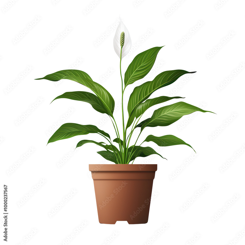 Peace lily plant in a brown pot with lush green foliage, isolated on transparent background. Peace lily plant in a brown pot with lush green foliage, isolated on transparent background.