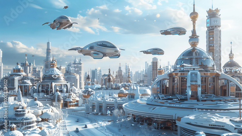 flying drones vehicles, cityscape  surrounded by lush greenery and mountains in the background. The sky is clear blue. Futuristic. High-definition image, sharp focus, cinematic