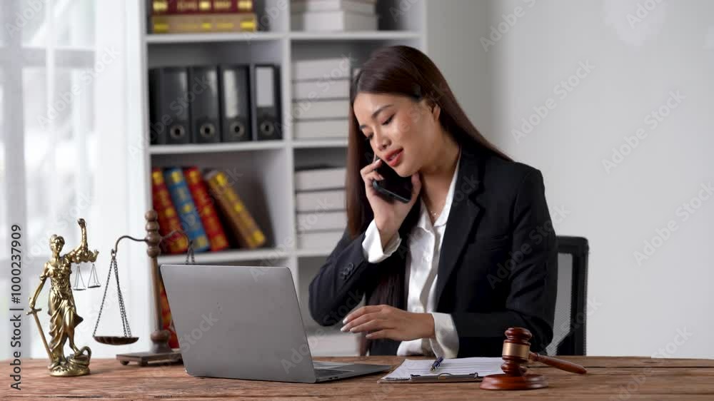 Focused Lawyer on Call: A young, professional Asian female lawyer sits at her desk, intensely focused on a phone call, a laptop and legal documents nearby. Focused Lawyer on Call: A young, professional Asian female lawyer sits at her desk, intensely focused on a phone call, a laptop and legal documents nearby.