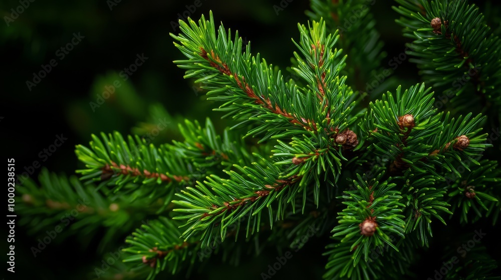 A tight shot of a pine tree branch, adorned with cones against blurred background needles A tight shot of a pine tree branch, adorned with cones against blurred background needles