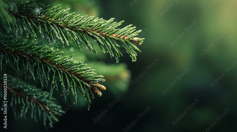 A tight shot of a pine branch, adorned with water droplets on its needles, against a softly blurred backdrop A tight shot of a pine branch, adorned with water droplets on its needles, against a softly blurred backdrop