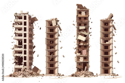 residential skyscrapers destroyed by bombs set front isolated illustration