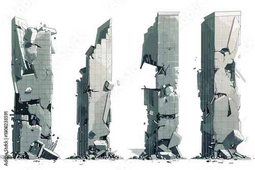 residential skyscrapers destroyed set front view of f isolated illustration