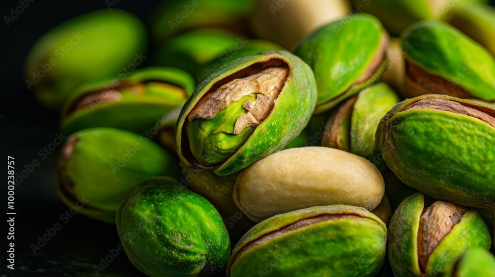 A stack of pistachios atop a black table, surrounded by green leafy foliage A stack of pistachios atop a black table, surrounded by green leafy foliage