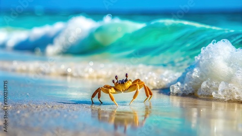 Beautiful Tropical Beach with Golden Sand and Crystal Clear Ocean Water, A Serene Coastal Paradise Perfect for Digital Graphic Design Projects and Backgrounds photo