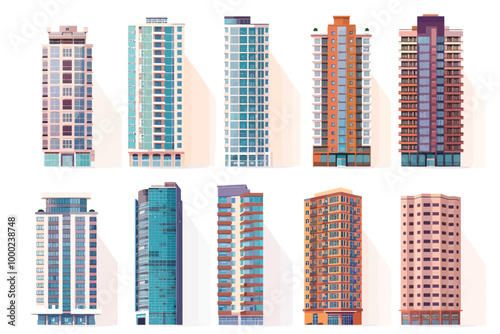 Residential Skyscrapers set front view of full length isolated illustration