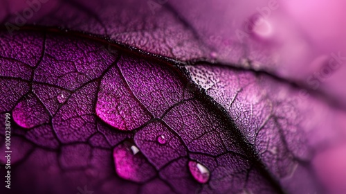  A tight shot of a purple leaf dotted with water droplets on its surface