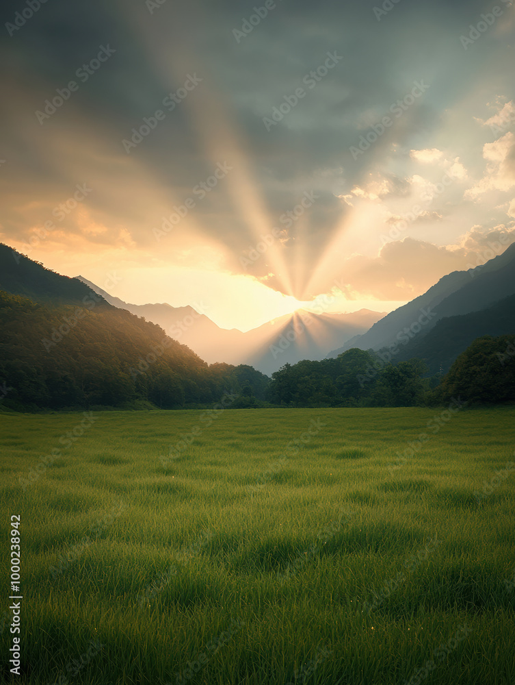 Obraz premium radiant sunrise over lush green landscape creates serene atmosphere, with sunlight streaming through mountains, illuminating vibrant field