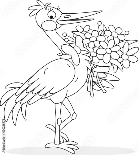 Funny white stork with a bouquet of beautiful summer flowers, black and white outline vector cartoon illustration for a coloring book