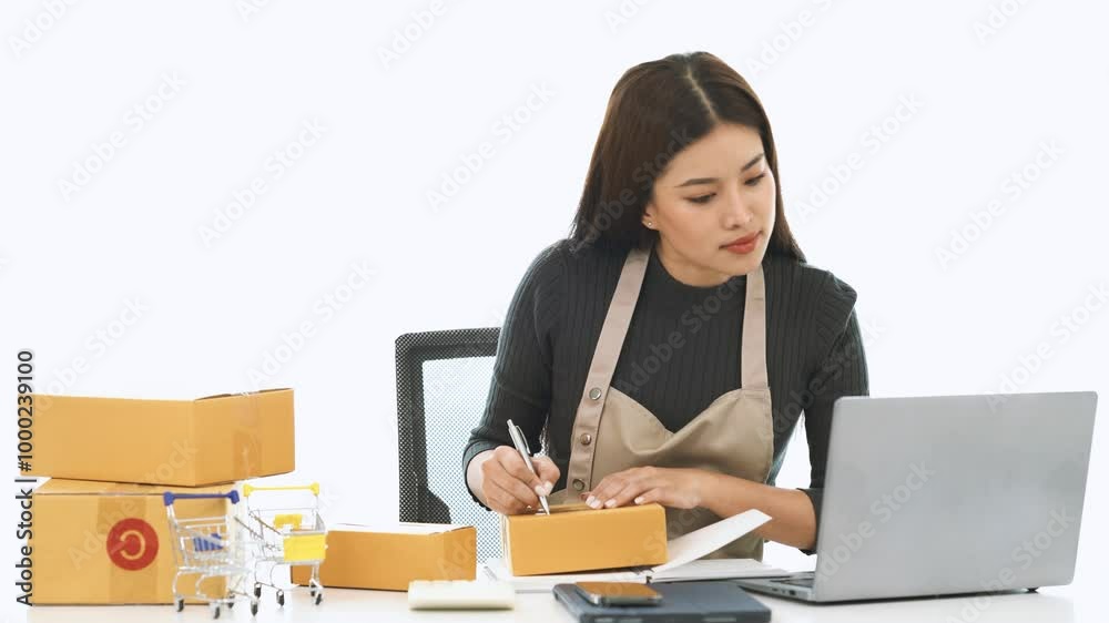 Focused on Fulfillment: An entrepreneur woman diligently works on her laptop, surrounded by packages ready for shipment, showcasing dedication and the entrepreneurial spirit. Focused on Fulfillment: An entrepreneur woman diligently works on her laptop, surrounded by packages ready for shipment, showcasing dedication and the entrepreneurial spirit.