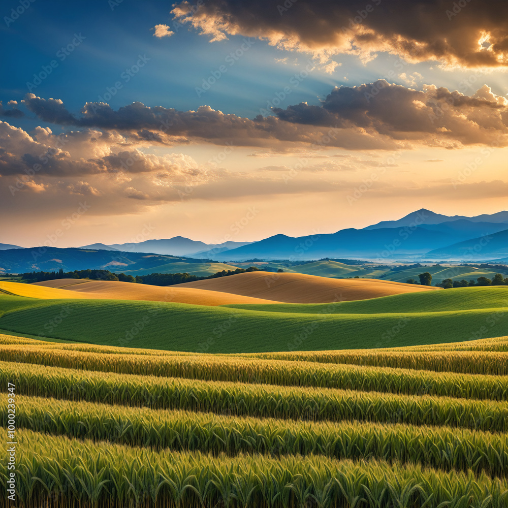 golden hour countryside with rolling hills and distant mountains golden hour countryside with rolling hills and distant mountains