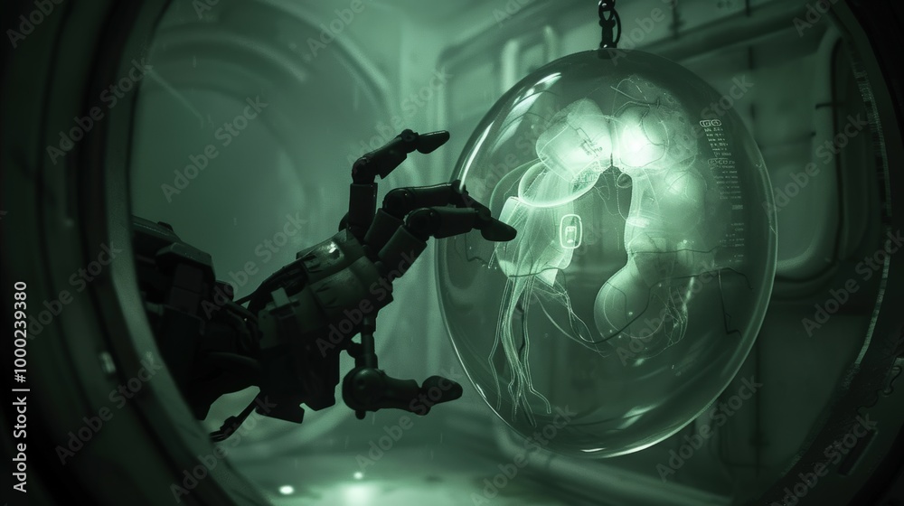 Futuristic Hand Reaching for Sci-Fi Object