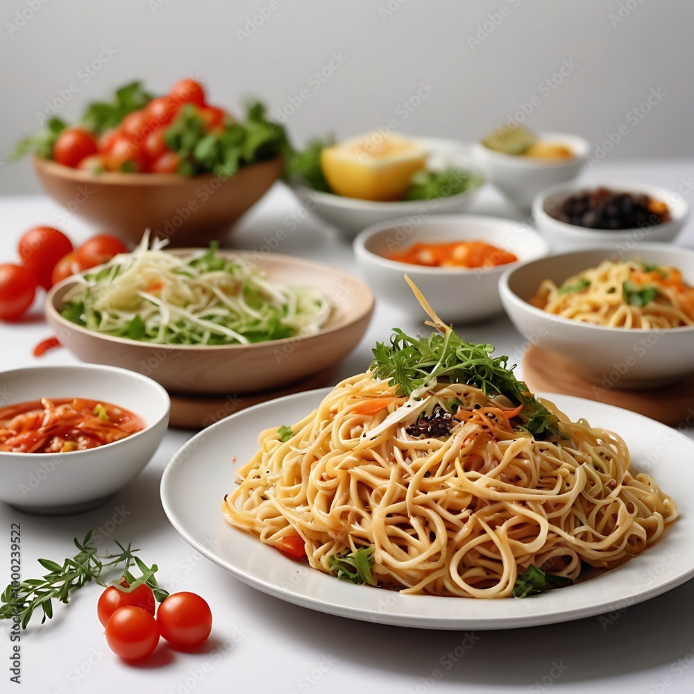 Delicious fresh fried Noodles with beef and vegetables assortment Served, Noodles with chicken and vegetables on a white background Delicious fresh fried Noodles with beef and vegetables assortment Served, Noodles with chicken and vegetables on a white background