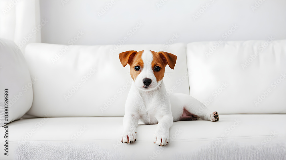 Adorable White and Brown Puppy Playfully Enjoying a Minimalist White Living Room Sofa. Adorable White and Brown Puppy Playfully Enjoying a Minimalist White Living Room Sofa.