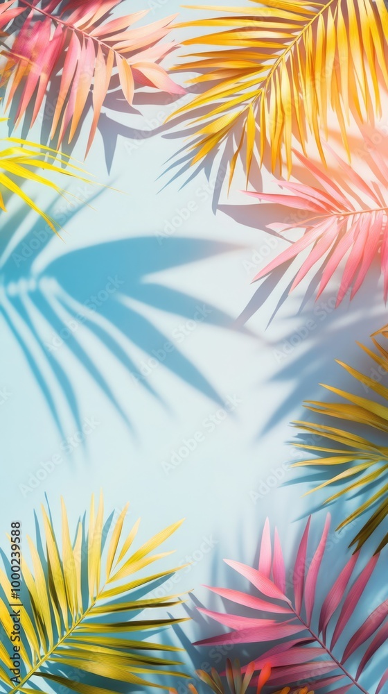 Colourful palm tree leaves background with copy space for text. Floral pattern wallpaper with shadows from shining sun Colourful palm tree leaves background with copy space for text. Floral pattern wallpaper with shadows from shining sun